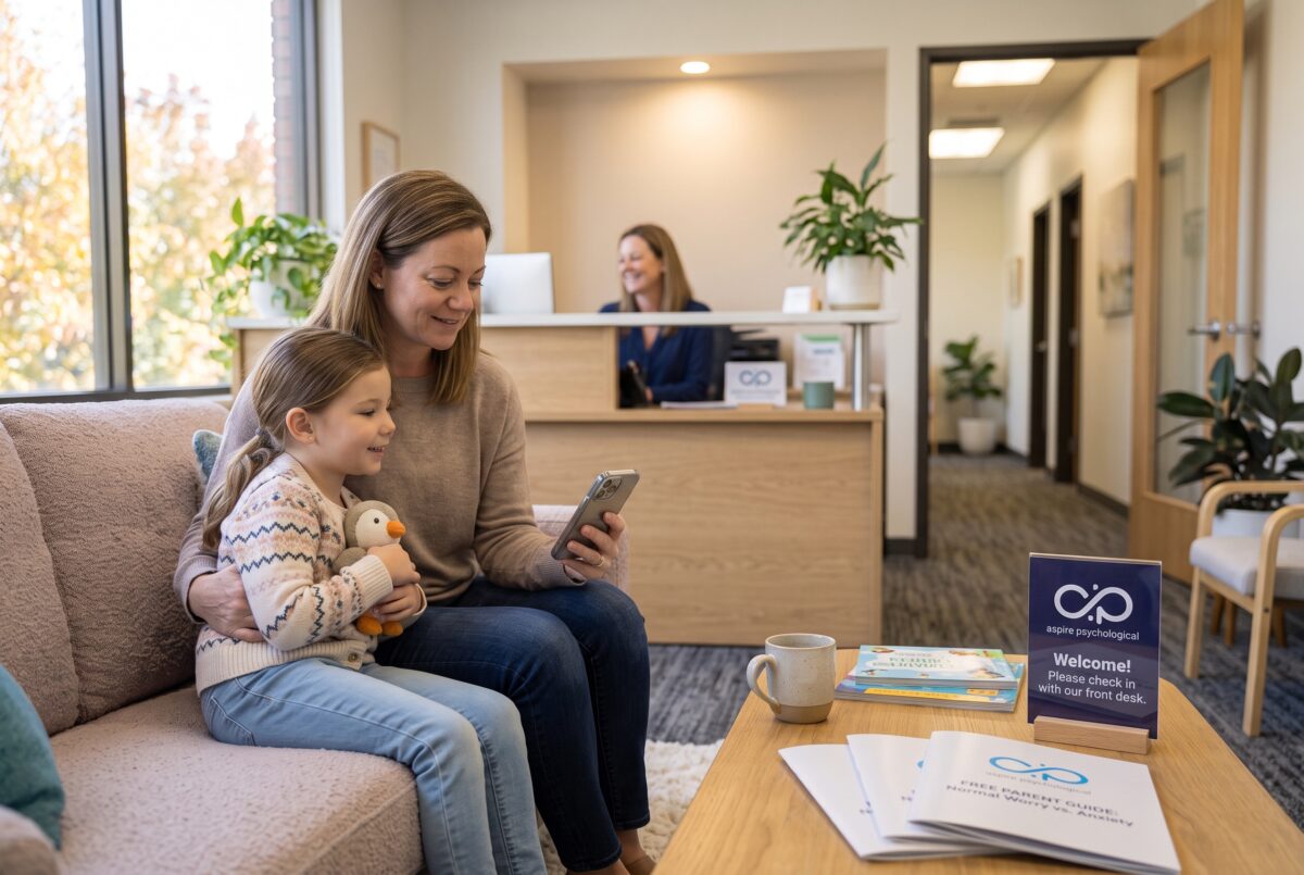 Parent and child sitting together in a bright, welcoming therapy office waiting room while the front desk team member smiles from the check-in desk