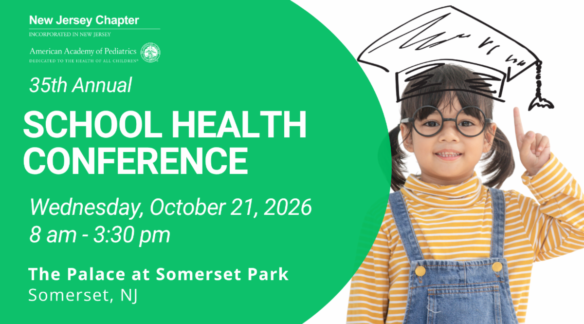 35th Annual School Health Conference flyer, New Jersey Chapter of the American Academy of Pediatrics, October 21, 2026, featuring a workshop by Dr. Aryeh Berlin
